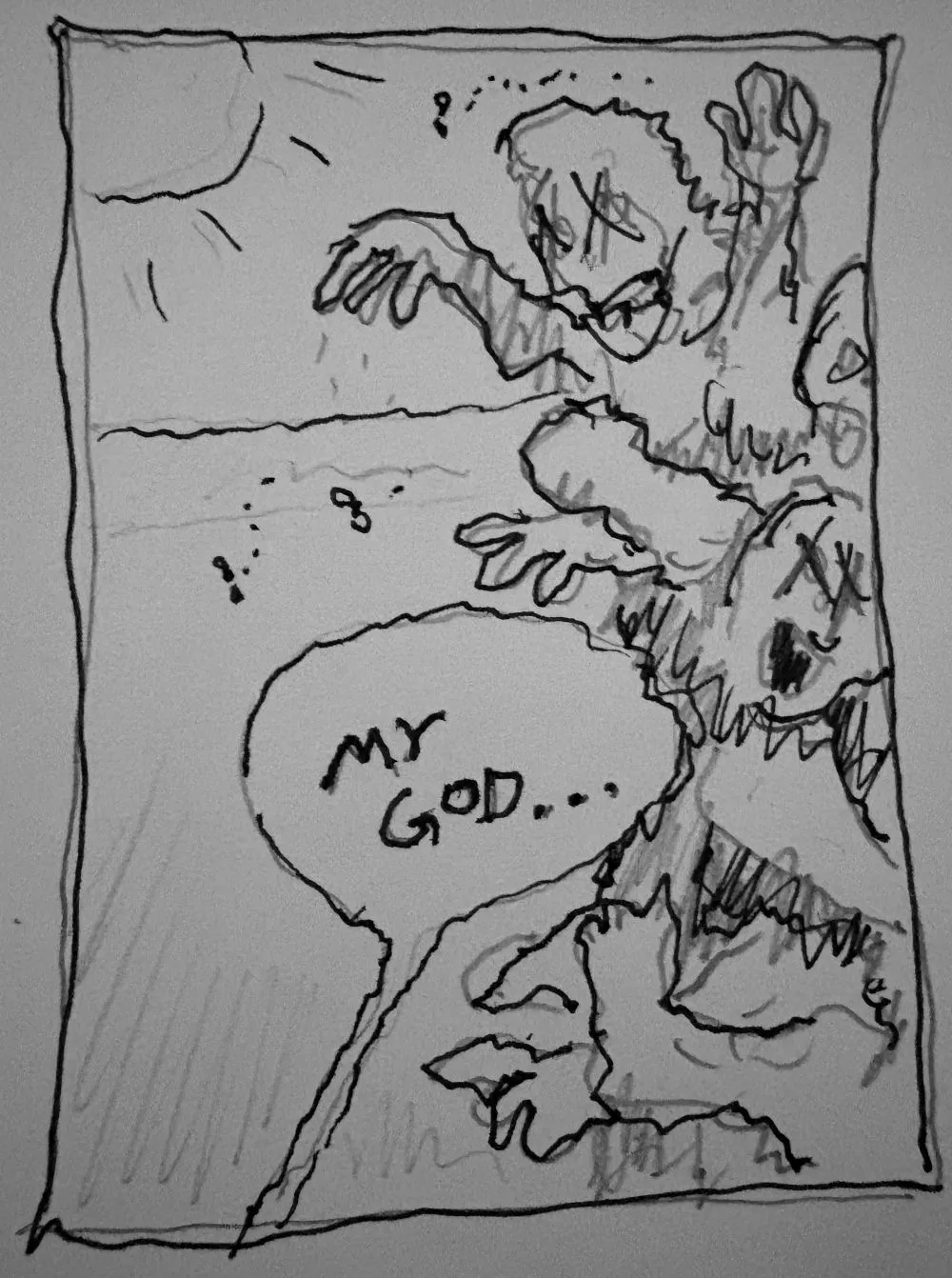 DRAWING: Totem pole made of body parts with flies buzzing around. Cartoon balloon from off frame: “My God…”