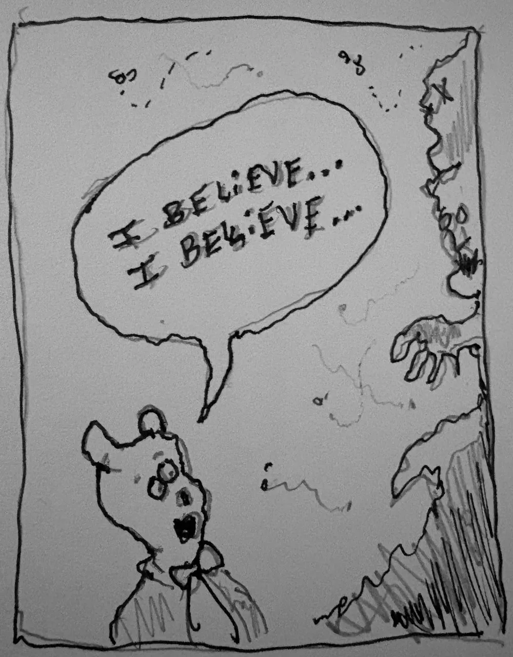DRAWING: Anthropomorphic pig looking up at totem pole. “I believe… I believe…”