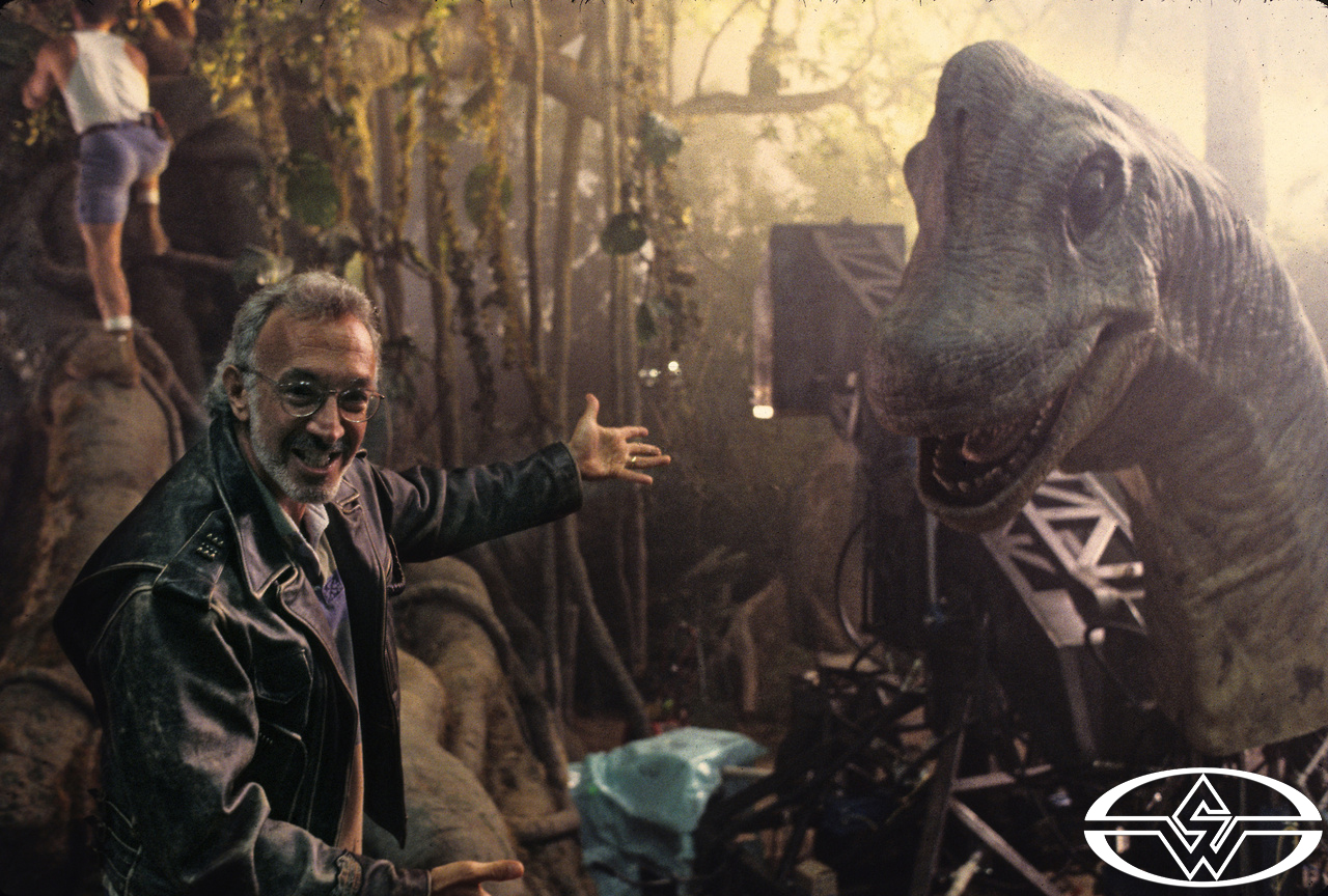 Stan Winston with Brachiosaurus on the set of JURASSIC PARK (1993)